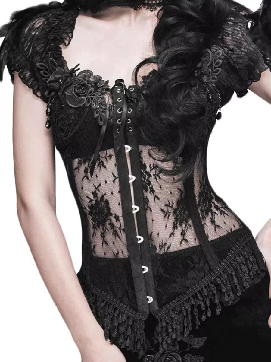 Corset encaje negro con plumas